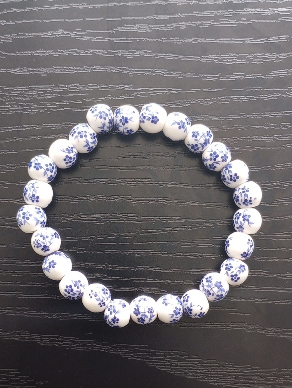 Delft Blue & White Floral Bead Stretch Bracelet